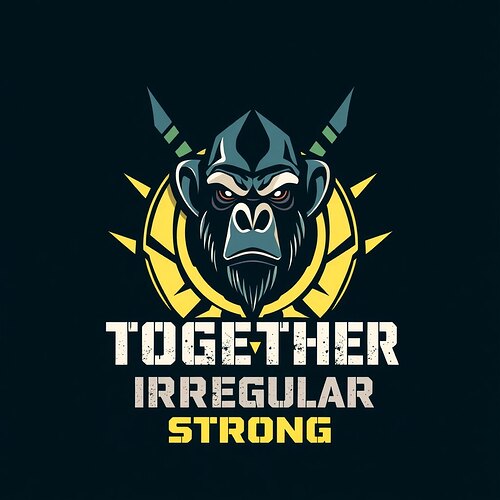 The image features a stylized gorilla head with a fierce expression, flanked by decorative elements, and the text "TOGETHER IRREGULAR STRONG" prominently displayed. (Captioned by AI)
