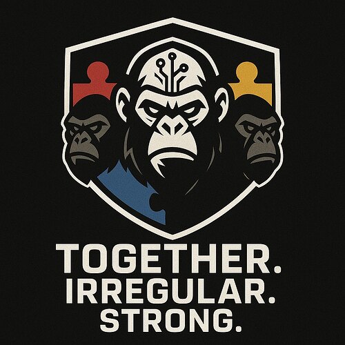 The image features a bold logo depicting three stylized gorillas within a shield, accompanied by the empowering words "TOGETHER. IRREGULAR. STRONG." against a dark background. (Captioned by AI)