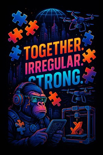 The image features a stylized, futuristic illustration of a gorilla wearing headphones and glasses, surrounded by colorful puzzle pieces and drones, with the text "TOGETHER IRREGULAR STRONG." prominently displayed. (Captioned by AI)