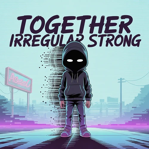 A mysterious figure in a hooded sweatshirt stands confidently in an urban setting, accompanied by the bold text "TOGETHER IRREGULAR STRONG". (Captioned by AI)