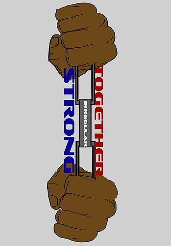 The image depicts two strong fists gripping a barbell, with the words "TOGETHER" in red and "STRONG" in blue, symbolizing unity and strength. (Captioned by AI)