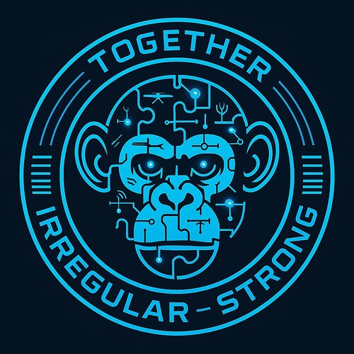 The image features a stylized, digital representation of a gorilla's face, surrounded by the phrases "TOGETHER IRREGULAR - STRONG" in a circular design, evoking themes of unity and strength. (Captioned by AI)