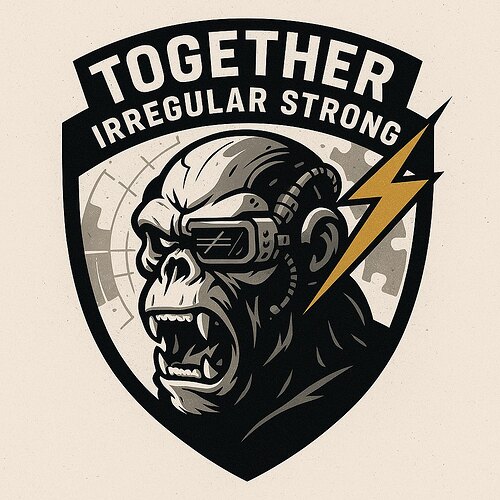 The image features a fierce-looking gorilla wearing futuristic sunglasses and a headset, enclosed within a shield shape, accompanied by the phrases 'TOGETHER' and 'IRREGULAR STRONG' along with a lightning bolt. (Captioned by AI)