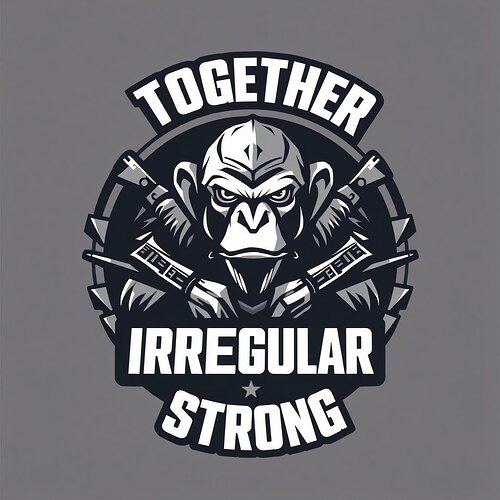 The image features a stylized gorilla surrounded by weapons, with the words "TOGETHER IRREGULAR STRONG" prominently displayed above and below it. (Captioned by AI)