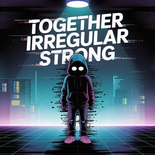 An ominous figure in a hoodie with glowing white eyes stands in a digital landscape, illuminated by a spotlight, alongside the bold text 'TOGETHER IRREGULAR STRONG'. (Captioned by AI)
