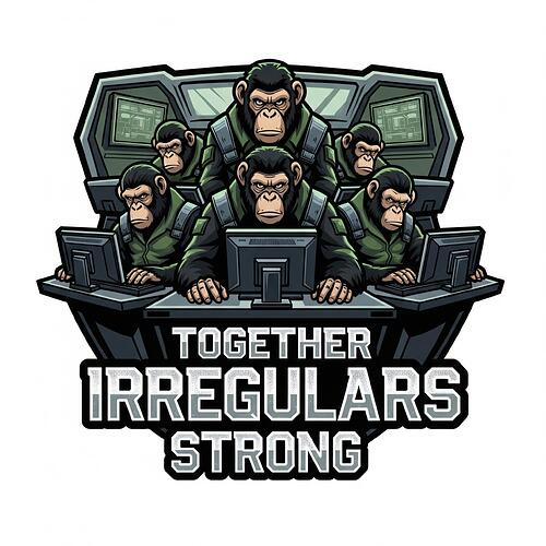 The image depicts a group of six cartoon-like gorillas in military-style uniforms working together at computers, with the phrase "TOGETHER IRREGULARS STRONG" featured prominently. (Captioned by AI)