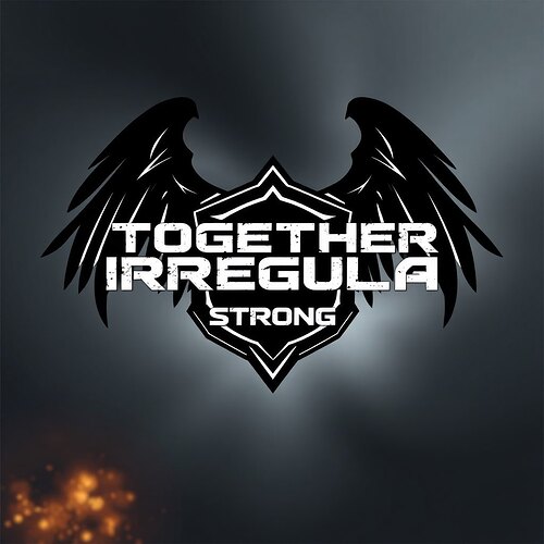 The image features a bold logo with the words 'TOGETHER IRREGULA STRONG,' accompanied by stylized wings and a shield design, against a dark and smoky background. (Captioned by AI)